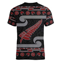 New Zealand Christmas Women V-Neck T-Shirt Meri Kirihimete Silver Fern Knit Style Red Color - Polynesian Pride