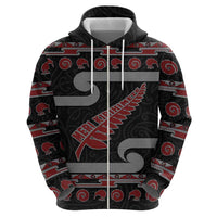 New Zealand Christmas Zip Hoodie Meri Kirihimete Silver Fern Knit Style Red Color - Polynesian Pride