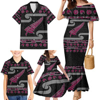 New Zealand Christmas Family Matching Mermaid Dress and Hawaiian Shirt Meri Kirihimete Silver Fern Knit Style Pink Color - Polynesian Pride