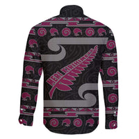 New Zealand Christmas Family Matching Off Shoulder Maxi Dress and Hawaiian Shirt Meri Kirihimete Silver Fern Knit Style Pink Color - Polynesian Pride