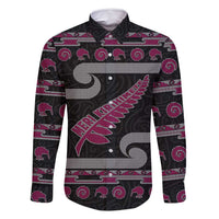 New Zealand Christmas Family Matching Off Shoulder Short Dress and Hawaiian Shirt Meri Kirihimete Silver Fern Knit Style Pink Color - Polynesian Pride