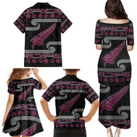 New Zealand Christmas Family Matching Puletasi and Hawaiian Shirt Meri Kirihimete Silver Fern Knit Style Pink Color - Polynesian Pride