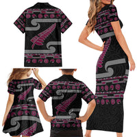 New Zealand Christmas Family Matching Short Sleeve Bodycon Dress and Hawaiian Shirt Meri Kirihimete Silver Fern Knit Style Pink Color - Polynesian Pride