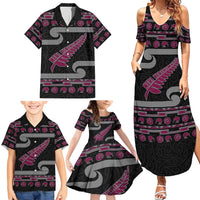 New Zealand Christmas Family Matching Summer Maxi Dress and Hawaiian Shirt Meri Kirihimete Silver Fern Knit Style Pink Color - Polynesian Pride
