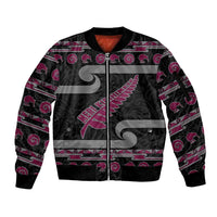 New Zealand Christmas Sleeve Zip Bomber Jacket Meri Kirihimete Silver Fern Knit Style Pink Color - Polynesian Pride