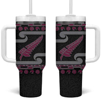 New Zealand Christmas Tumbler With Handle Meri Kirihimete Silver Fern Knit Style Pink Color - Polynesian Pride