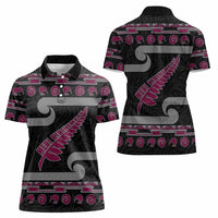New Zealand Christmas Women Polo Shirt Meri Kirihimete Silver Fern Knit Style Pink Color - Polynesian Pride