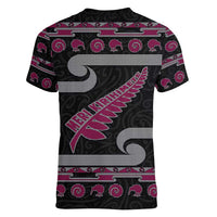 New Zealand Christmas Women V-Neck T-Shirt Meri Kirihimete Silver Fern Knit Style Pink Color - Polynesian Pride