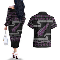 New Zealand Christmas Couples Matching Off The Shoulder Long Sleeve Dress and Hawaiian Shirt Meri Kirihimete Silver Fern Knit Style Purple Color - Polynesian Pride