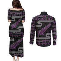 New Zealand Christmas Couples Matching Puletasi and Long Sleeve Button Shirt Meri Kirihimete Silver Fern Knit Style Purple Color - Polynesian Pride