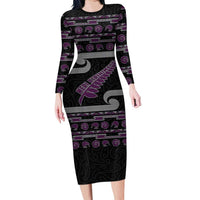 New Zealand Christmas Family Matching Long Sleeve Bodycon Dress and Hawaiian Shirt Meri Kirihimete Silver Fern Knit Style Purple Color - Polynesian Pride
