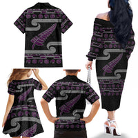 New Zealand Christmas Family Matching Off The Shoulder Long Sleeve Dress and Hawaiian Shirt Meri Kirihimete Silver Fern Knit Style Purple Color - Polynesian Pride