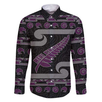 New Zealand Christmas Family Matching Off Shoulder Maxi Dress and Hawaiian Shirt Meri Kirihimete Silver Fern Knit Style Purple Color - Polynesian Pride