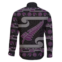 New Zealand Christmas Family Matching Off Shoulder Maxi Dress and Hawaiian Shirt Meri Kirihimete Silver Fern Knit Style Purple Color - Polynesian Pride