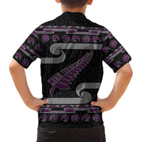 New Zealand Christmas Family Matching Off Shoulder Short Dress and Hawaiian Shirt Meri Kirihimete Silver Fern Knit Style Purple Color - Polynesian Pride