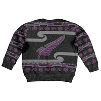 New Zealand Christmas Kid Ugly Christmas Sweater Meri Kirihimete Silver Fern Knit Style Purple Color - Polynesian Pride