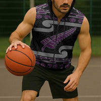 New Zealand Christmas Sleeveless Zip Hoodie Meri Kirihimete Silver Fern Knit Style Purple Color - Polynesian Pride