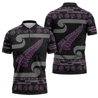 New Zealand Christmas Zipper Polo Shirt Meri Kirihimete Silver Fern Knit Style Purple Color - Polynesian Pride