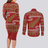 New Zealand Christmas Couples Matching Long Sleeve Bodycon Dress and Long Sleeve Button Shirt Meri Kirihimete Silver Fern Knit Style Green Color - Polynesian Pride