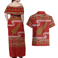 New Zealand Christmas Couples Matching Off Shoulder Maxi Dress and Hawaiian Shirt Meri Kirihimete Silver Fern Knit Style Green Color - Polynesian Pride