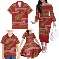 New Zealand Christmas Family Matching Off The Shoulder Long Sleeve Dress and Hawaiian Shirt Meri Kirihimete Silver Fern Knit Style Green Color - Polynesian Pride