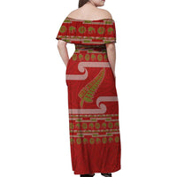 New Zealand Christmas Family Matching Off Shoulder Maxi Dress and Hawaiian Shirt Meri Kirihimete Silver Fern Knit Style Green Color - Polynesian Pride