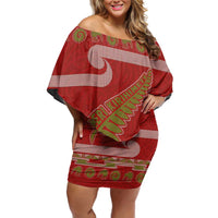 New Zealand Christmas Off Shoulder Short Dress Meri Kirihimete Silver Fern Knit Style Green Color - Polynesian Pride