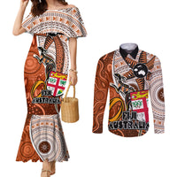Fiji Australia Rugby Couples Matching Mermaid Dress and Long Sleeve Button Shirts Kangaroo and Palm Tree Orange Tapa Pattern Mix Aboriginal LT03 Orange - Polynesian Pride