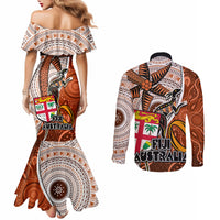 Fiji Australia Rugby Couples Matching Mermaid Dress and Long Sleeve Button Shirts Kangaroo and Palm Tree Orange Tapa Pattern Mix Aboriginal LT03 - Polynesian Pride