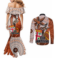 fiji-australia-rugby-couples-matching-mermaid-dress-and-long-sleeve-button-shirts-kangaroo-and-palm-tree-orange-tapa-pattern-mix-aboriginal