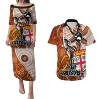 Fiji Australia Rugby Couples Matching Puletasi Dress and Hawaiian Shirt Kangaroo and Palm Tree Orange Tapa Pattern Mix Aboriginal LT03 Orange - Polynesian Pride