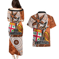 Fiji Australia Rugby Couples Matching Puletasi Dress and Hawaiian Shirt Kangaroo and Palm Tree Orange Tapa Pattern Mix Aboriginal LT03 - Polynesian Pride