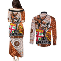 Fiji Australia Rugby Couples Matching Puletasi Dress and Long Sleeve Button Shirts Kangaroo and Palm Tree Orange Tapa Pattern Mix Aboriginal LT03 - Polynesian Pride