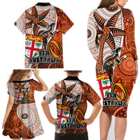 fiji-australia-rugby-family-matching-long-sleeve-bodycon-dress-and-hawaiian-shirt-kangaroo-and-palm-tree-orange-tapa-pattern-mix-aboriginal