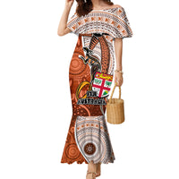 Fiji Australia Rugby Mermaid Dress Kangaroo and Palm Tree Orange Tapa Pattern Mix Aboriginal LT03 Women Orange - Polynesian Pride