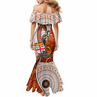 Fiji Australia Rugby Mermaid Dress Kangaroo and Palm Tree Orange Tapa Pattern Mix Aboriginal LT03 - Polynesian Pride