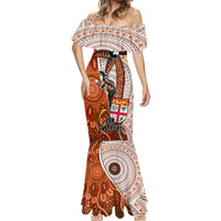 Fiji Australia Rugby Mermaid Dress Kangaroo and Palm Tree Orange Tapa Pattern Mix Aboriginal LT03 - Polynesian Pride