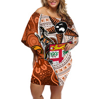 Fiji Australia Rugby Off Shoulder Short Dress Kangaroo and Palm Tree Orange Tapa Pattern Mix Aboriginal LT03 Women Orange - Polynesian Pride