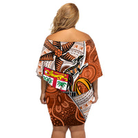 Fiji Australia Rugby Off Shoulder Short Dress Kangaroo and Palm Tree Orange Tapa Pattern Mix Aboriginal LT03 - Polynesian Pride
