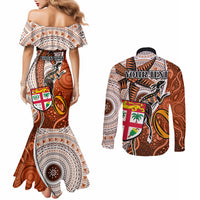 Personalised Fiji Australia Rugby Couples Matching Mermaid Dress and Long Sleeve Button Shirts Kangaroo and Palm Tree Orange Tapa Pattern Mix Aboriginal LT03 - Polynesian Pride