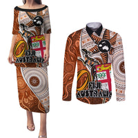 Personalised Fiji Australia Rugby Couples Matching Puletasi Dress and Long Sleeve Button Shirts Kangaroo and Palm Tree Orange Tapa Pattern Mix Aboriginal LT03 Orange - Polynesian Pride