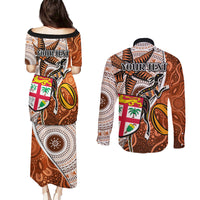 Personalised Fiji Australia Rugby Couples Matching Puletasi Dress and Long Sleeve Button Shirts Kangaroo and Palm Tree Orange Tapa Pattern Mix Aboriginal LT03 - Polynesian Pride