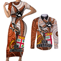 personalised-fiji-australia-rugby-couples-matching-short-sleeve-bodycon-dress-and-long-sleeve-button-shirts-kangaroo-and-palm-tree-orange-tapa-pattern-mix-aboriginal