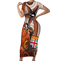 personalised-fiji-australia-rugby-family-matching-short-sleeve-bodycon-dress-and-hawaiian-shirt-kangaroo-and-palm-tree-orange-tapa-pattern-mix-aboriginal
