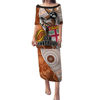 Personalised Fiji Australia Rugby Puletasi Kangaroo and Palm Tree Orange Tapa Pattern Mix Aboriginal LT03 Long Dress Orange - Polynesian Pride
