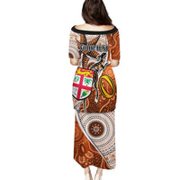 Personalised Fiji Australia Rugby Puletasi Kangaroo and Palm Tree Orange Tapa Pattern Mix Aboriginal LT03 - Polynesian Pride