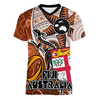 personalised-fiji-australia-rugby-women-v-neck-t-shirt-kangaroo-and-palm-tree-orange-tapa-pattern-mix-aboriginal