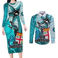 fiji-australia-rugby-couples-matching-long-sleeve-bodycon-dress-and-long-sleeve-button-shirts-kangaroo-and-palm-tree-blue-tapa-pattern-mix-aboriginal