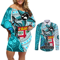 Fiji Australia Rugby Couples Matching Off Shoulder Short Dress and Long Sleeve Button Shirts Kangaroo and Palm Tree Blue Tapa Pattern Mix Aboriginal LT03 Blue - Polynesian Pride