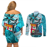 Fiji Australia Rugby Couples Matching Off Shoulder Short Dress and Long Sleeve Button Shirts Kangaroo and Palm Tree Blue Tapa Pattern Mix Aboriginal LT03 - Polynesian Pride